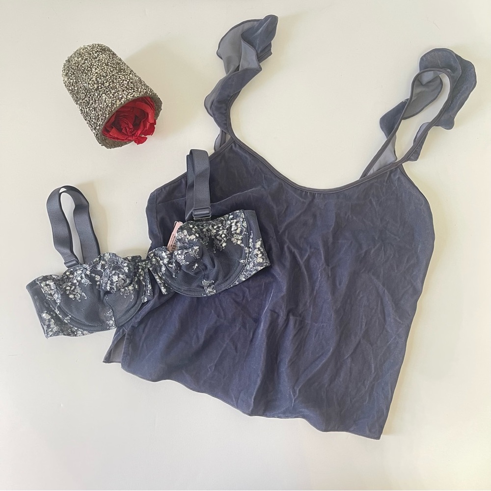 Victoria’s Secret Set Of Velvet Tank Top & Floral Metallic Lace Bra Sizes 34B XS